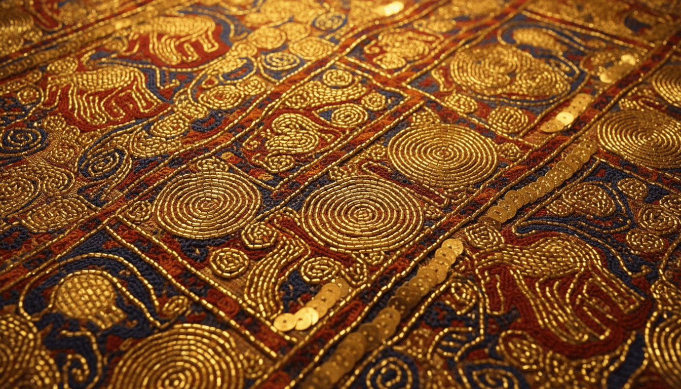 Intricate beaded Aso Oke fabric showcasing traditional Yoruba motifs and gold accents