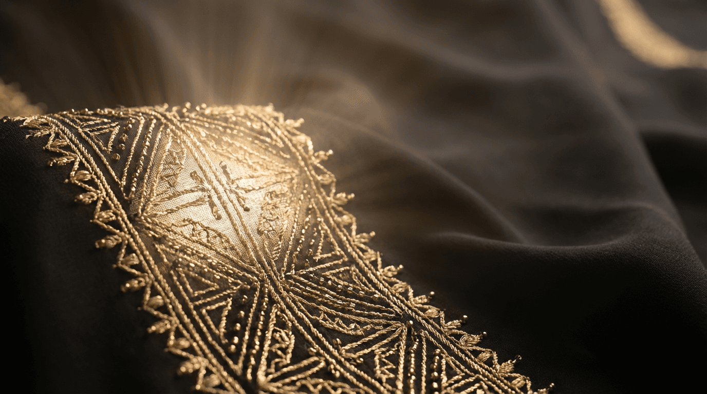 Close-up of premium beaded Aso Oke fabric showing intricate traditional Yoruba weaving patterns and golden threads