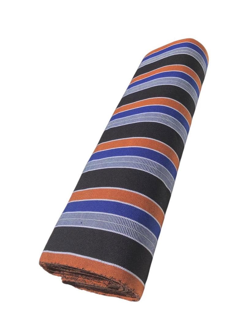 Rolled fabric with a pattern of black, orange, blue, and white horizontal stripes.